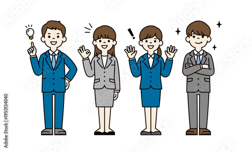 トラブルが解決・解消する、複数の男女のビジネスパーソンの全身ベクターイラスト素材セット