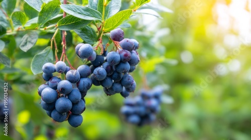 Fresh Blueberry Bunches Hanging Against a Natural Green Background