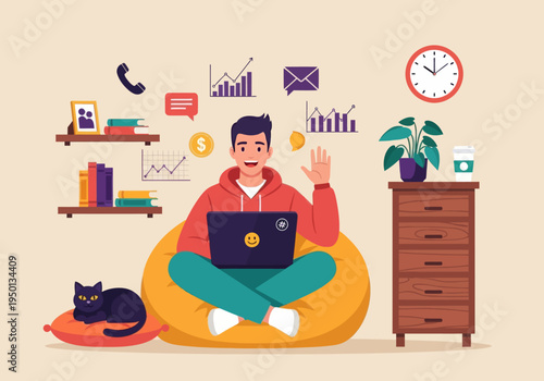 Young man working remotely on a bean bag with a cat. Flat vector illustration of a freelancer managing emails, calls, and financial growth charts in a cozy home office setting.