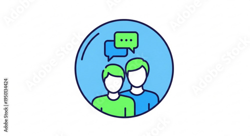 Two faceless people in green and blue shirts with speech bubbles in a blue circle