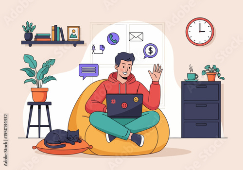 Young man working remotely on a bean bag with a cat. Flat vector illustration of a freelancer managing emails, calls, and financial growth charts in a cozy home office setting.