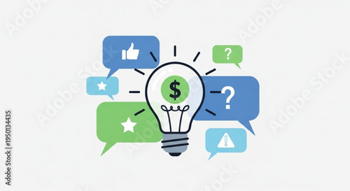Creative business idea with light bulb and speech bubbles representing innovation and financial success