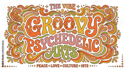 Psychedelic arts illustration with vibrant retro groovy 1970s typography, ornate swirling patterns, peace and love culture.