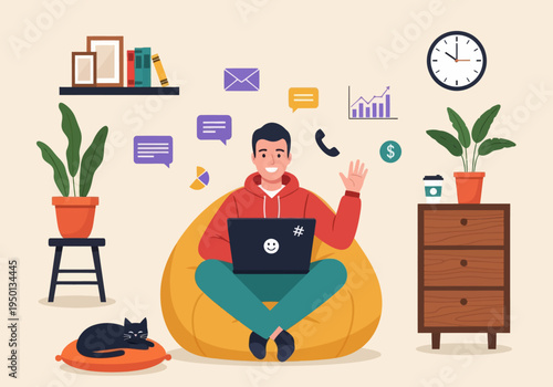 Young man working remotely on a bean bag with a cat. Flat vector illustration of a freelancer managing emails, calls, and financial growth charts in a cozy home office setting.