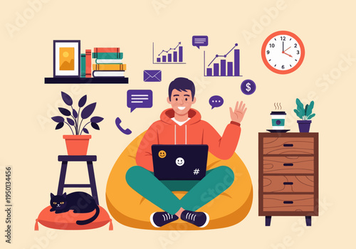 Young man working remotely on a bean bag with a cat. Flat vector illustration of a freelancer managing emails, calls, and financial growth charts in a cozy home office setting.