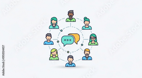 Diverse group of people communicating in a circle around speech bubbles symbolizing teamwork and social interaction