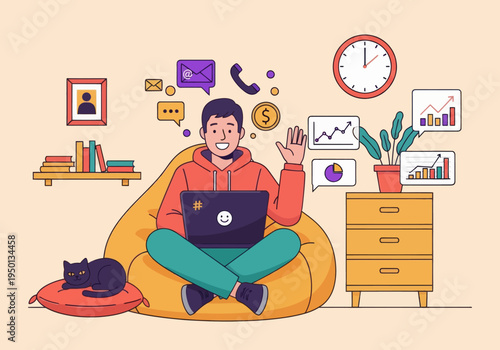 Young man working remotely on a bean bag with a cat. Flat vector illustration of a freelancer managing emails, calls, and financial growth charts in a cozy home office setting.