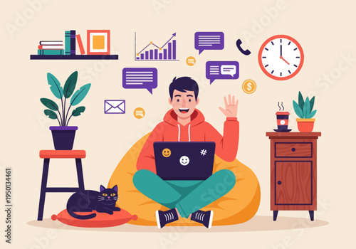 Young man working remotely on a bean bag with a cat. Flat vector illustration of a freelancer managing emails, calls, and financial growth charts in a cozy home office setting.