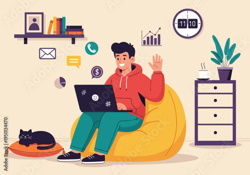 Young man working remotely on a bean bag with a cat. Flat vector illustration of a freelancer managing emails, calls, and financial growth charts in a cozy home office setting.