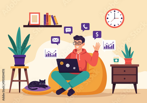 Young man working remotely on a bean bag with a cat. Flat vector illustration of a freelancer managing emails, calls, and financial growth charts in a cozy home office setting.