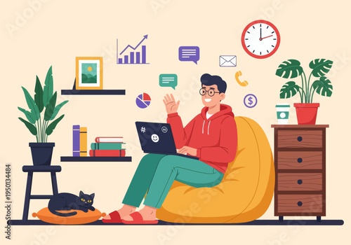 Young man working remotely on a bean bag with a cat. Flat vector illustration of a freelancer managing emails, calls, and financial growth charts in a cozy home office setting.