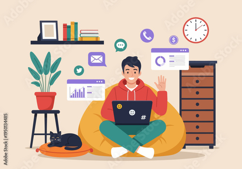 Young man working remotely on a bean bag with a cat. Flat vector illustration of a freelancer managing emails, calls, and financial growth charts in a cozy home office setting.