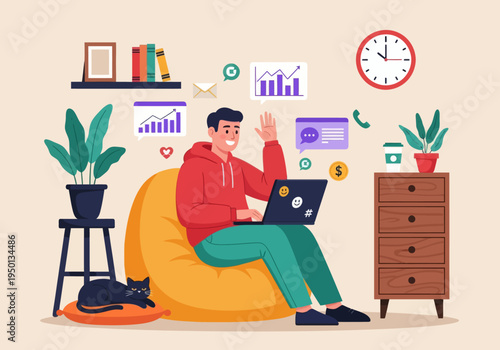 Young man working remotely on a bean bag with a cat. Flat vector illustration of a freelancer managing emails, calls, and financial growth charts in a cozy home office setting.