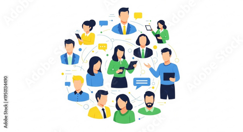 Diverse group of people communicating and collaborating with laptops and mobile devices in a circular formation