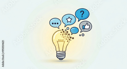 Glowing lightbulb with creative idea speech bubbles and social media symbols floating above