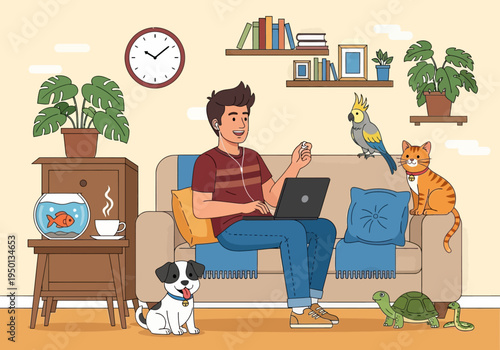 Young man working remotely on a couch with many pets like a dog, cat, parrot, and turtle in a cozy home environment. Vector flat illustration of a multi-pet lifestyle.