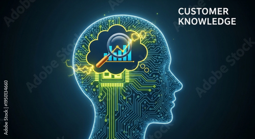 Glowing blue human head with circuit board and cloud containing graph representing customer knowledge and data analysis