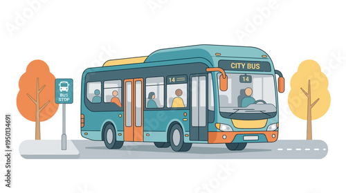 Public Transportation: City Bus with Passengers and Driver Waiting at an Urban Bus Stop Illustration