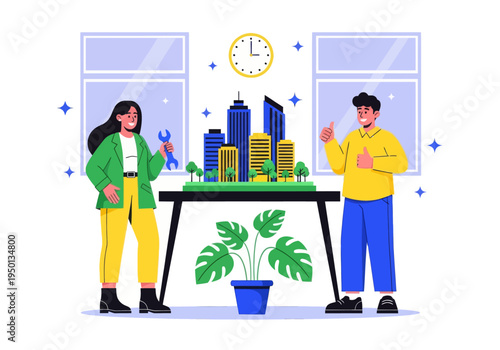 Architects and engineers celebrate their successful smart city development project. A diverse team presents a detailed miniature model with a wrench and double thumbs-up in a modern office.