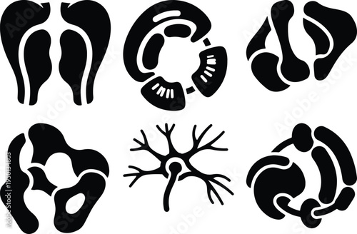 Six abstract biological cell shapes and neuron icon on white background