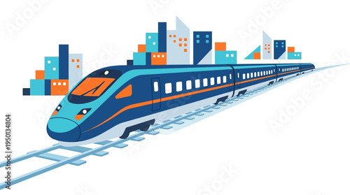Dynamic vector illustration of a high-speed train moving swiftly through a modern urban landscape with city buildings in the background.