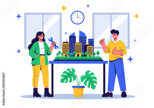 Architects and engineers celebrate their successful smart city development project. A diverse team presents a detailed miniature model with a wrench and double thumbs-up in a modern office.