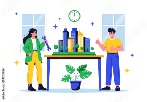 Architects and engineers celebrate their successful smart city development project. A diverse team presents a detailed miniature model with a wrench and double thumbs-up in a modern office.