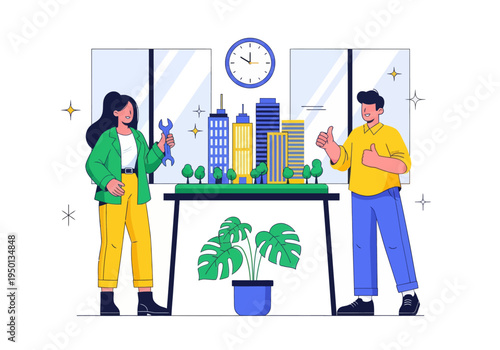 Architects and engineers celebrate their successful smart city development project. A diverse team presents a detailed miniature model with a wrench and double thumbs-up in a modern office.