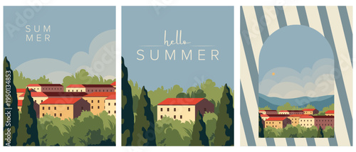Summer city set of postcards, backgrounds, banners, covers, collection of summer postcards