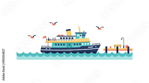 Vector illustration showing a passenger ferry boat with people, cruising on calm water near a pier, with seagulls flying.