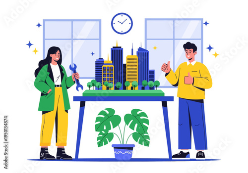 Architects and engineers celebrate their successful smart city development project. A diverse team presents a detailed miniature model with a wrench and double thumbs-up in a modern office.