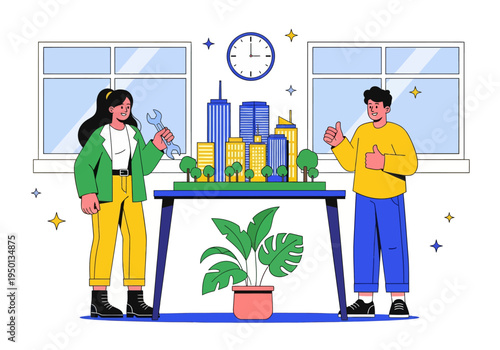 Architects and engineers celebrate their successful smart city development project. A diverse team presents a detailed miniature model with a wrench and double thumbs-up in a modern office.