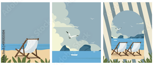 Summer seascape set of postcards, collection of backgrounds, banners, summer covers