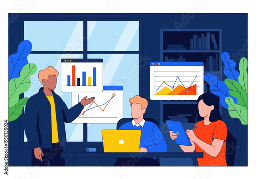 Young business team collaborating in a modern office. Analyzing growth data, discussing statistics with charts on a whiteboard, laptop, and tablet. Productive meeting of coworkers.