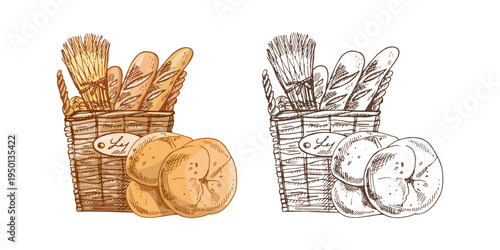 Hand drawn vintage bakery bread basket with wheat baguette and fresh round buns illustration