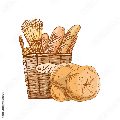 Hand drawn vintage bakery bread basket with wheat baguette loaves and round buns illustration