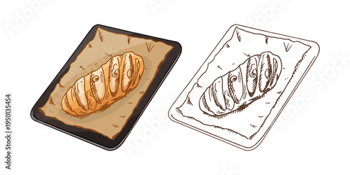 Hand drawn vintage bakery bread loaf on baking tray with parchment paper food illustration