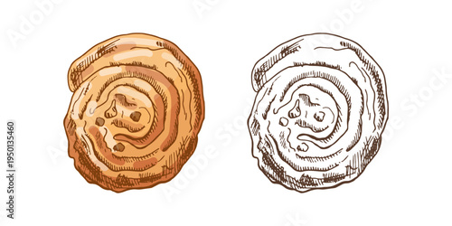 Hand drawn vintage sweet pastry roll spiral bun bakery dessert illustration set