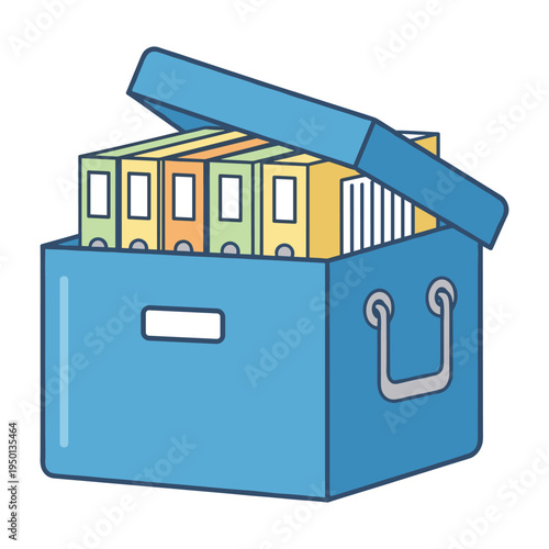 open blue file box with colorful binders