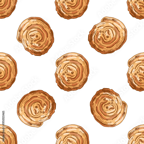 Hand drawn vintage seamless pattern with sweet pastry rolls bakery dessert illustration