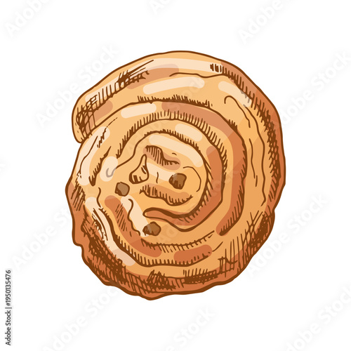 Hand drawn vintage sweet pastry spiral bun bakery dessert food illustration