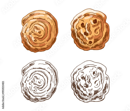 Hand drawn vintage sweet pastry roll and raisin bun bakery dessert illustration collection