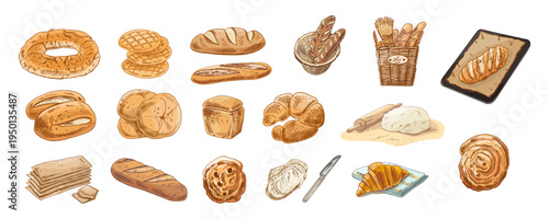 Hand drawn vintage bakery bread pastry and dough baking set with baguette croissant bun illustration
