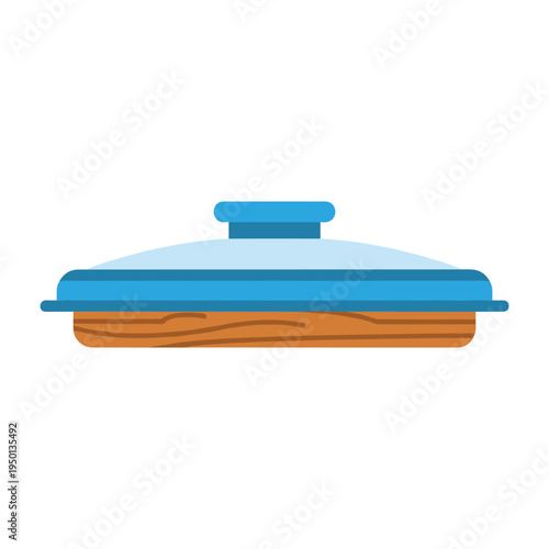 blue ceramic baking dish with wooden base