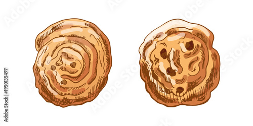 Hand drawn vintage sweet pastry roll and raisin bun bakery dessert illustration set
