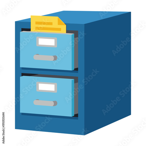 blue file cabinet with open drawer and yellow file