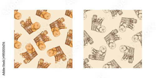 Hand drawn vintage seamless bakery pattern with bread basket baguette buns rustic food illustration