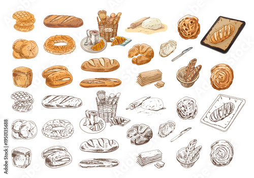 Hand drawn vintage bakery bread pastry dessert and baking tools food illustration collection set