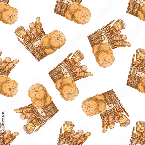 Hand drawn vintage seamless pattern with bakery basket baguette buns wheat rustic food illustration