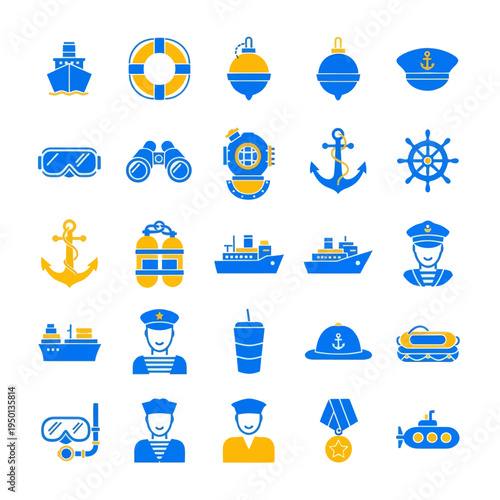 Set of 25 nautical and navy flat icons. Vector illustration of ships, anchors, diving gear, sailors, and maritime equipment in blue and yellow colors isolated on white.